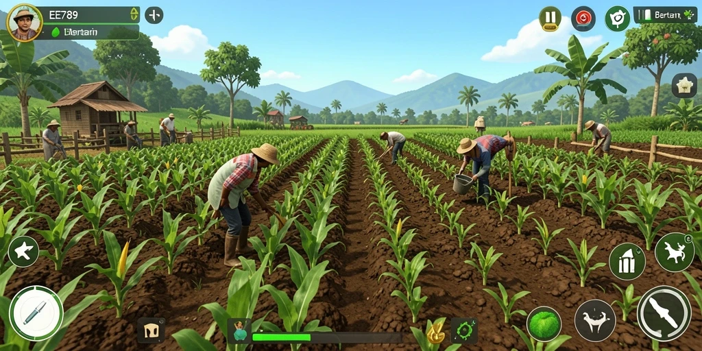 Screenshot utama EE789 menampilkan ladang yang hijau dan subur.