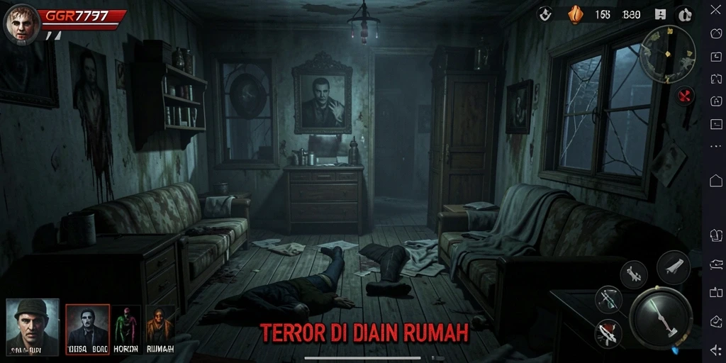 Screenshot GGR7777 menampilkan suasana menakutkan di dalam rumah.